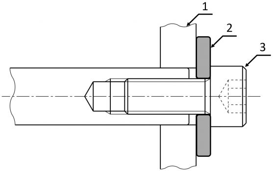 Arruela de pré-carga numa conexão parafuso: (1) Placa, (2) Disco metálico, (3) Parafuso – sextavado interno