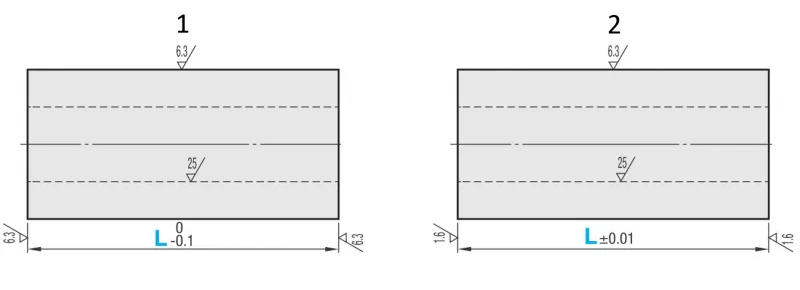 Opções de execução de uma manga espaçadora exemplar: (1) Versão padrão, (2) Versão de precisão