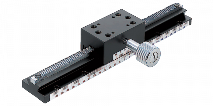 Example of a slide guide on a dovetail positioning stage with rack and pinion drive