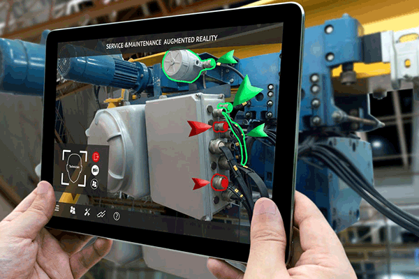 Augmented reality elements that are superimposed on the real environment are visualised on a tablet.