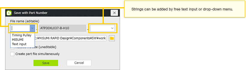 Strings can be added by free text input or drop-down menu.